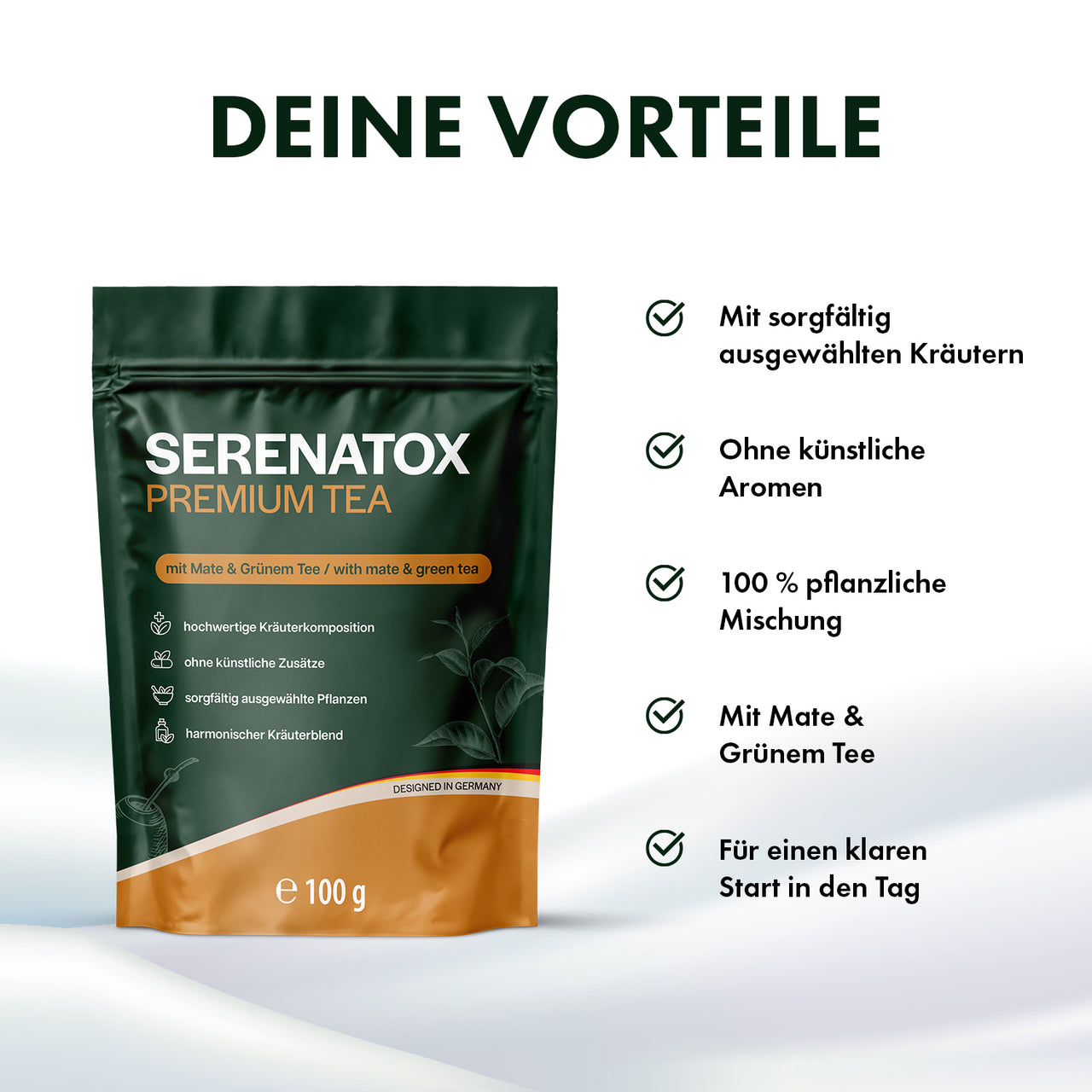 Beutel Serenatox Premium Tea 100 g, rechts Liste mit fünf Angaben und Symbolen