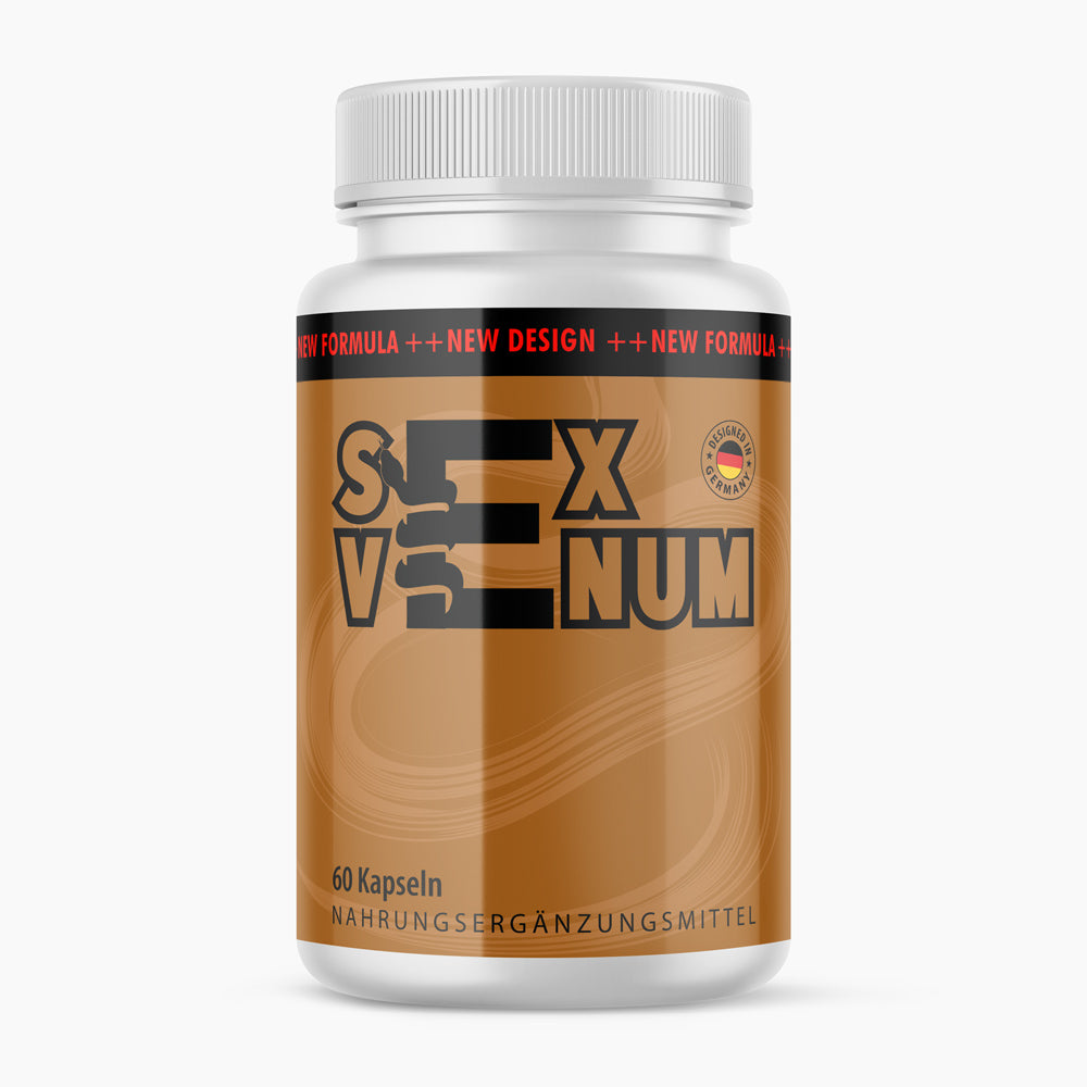 Kunststoffdose mit braunem Etikett, schwarzer Aufschrift Sex Venom und Linienmotiv, 60 Kapseln