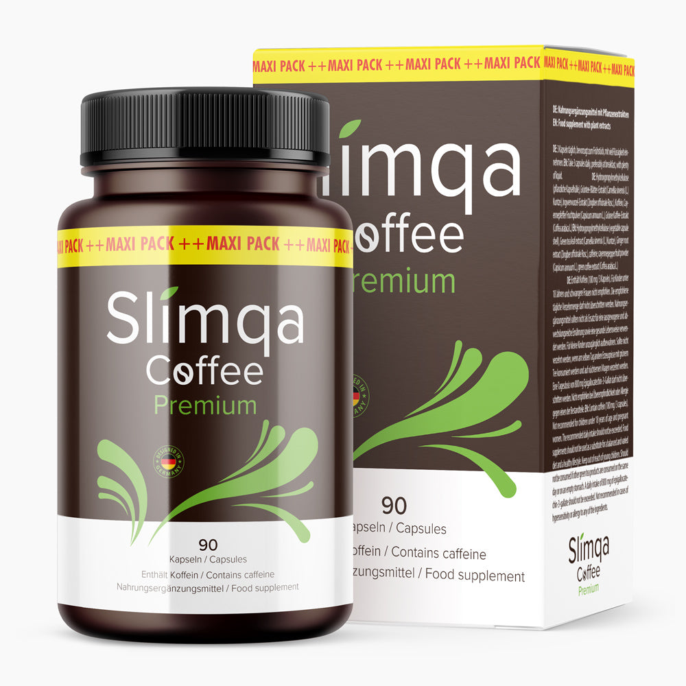 Slimqa Coffee Premium Nahrungsergänzungsmittel als Dose mit 90 Kapseln und Verpackung daneben