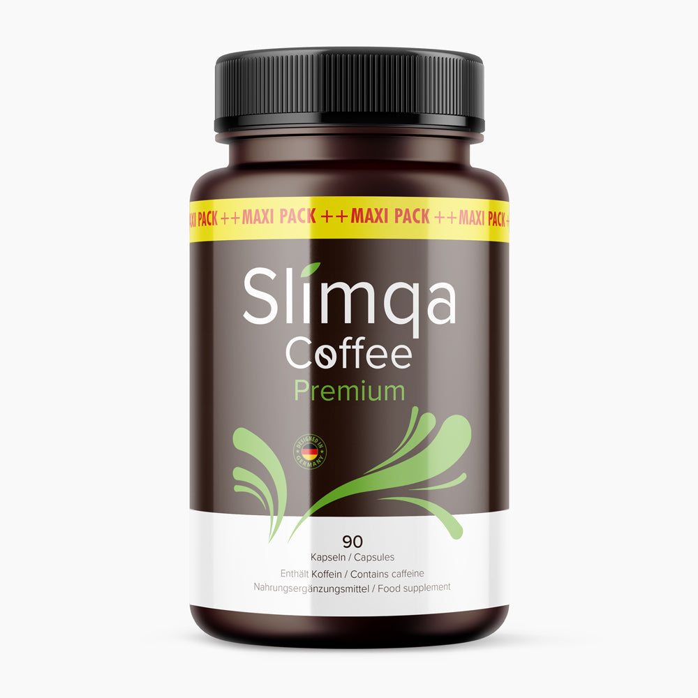 Slimqa Coffee Premium Dose mit 90 Kapseln auf weißem Hintergrund, Etikett und schwarzem Deckel