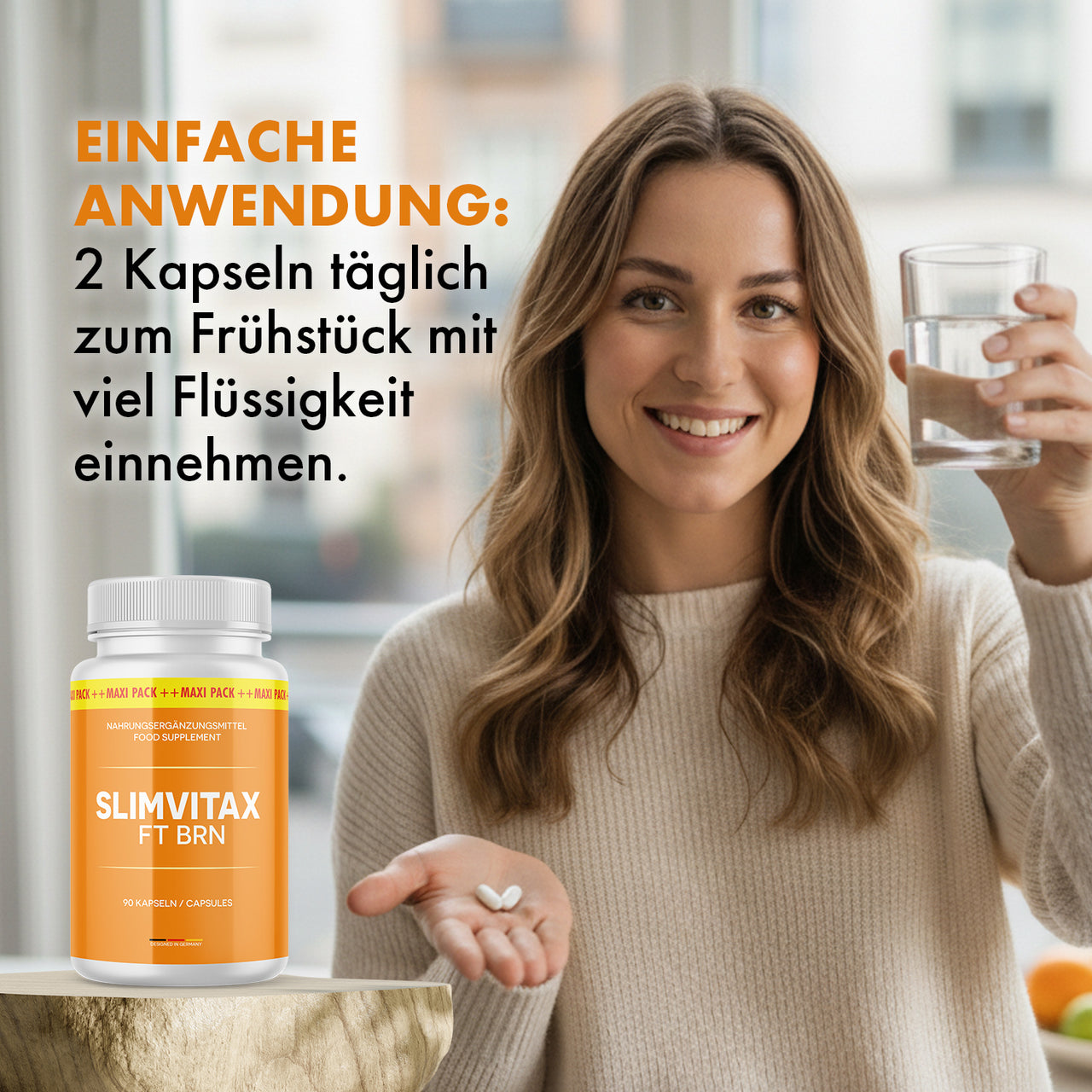Frau mit Glas Wasser neben Slimvitax FT BRN Dose und Hinweis zur Einnahme mit 2 Kapseln