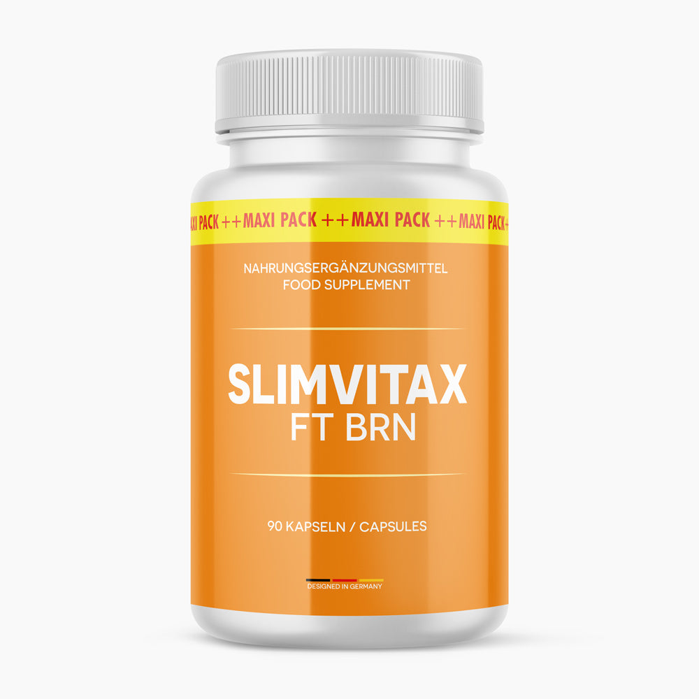 Weiße Kunststoffdose mit orangem Etikett Slimvitax FT BRN und 90 Kapseln