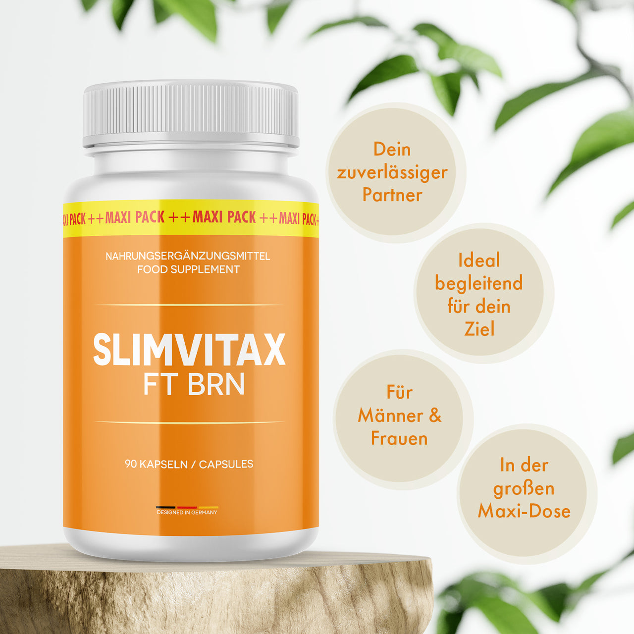 Weiße Kunststoffdose mit orangem Etikett Slimvitax FT BRN und 90 Kapseln auf Holzsockel