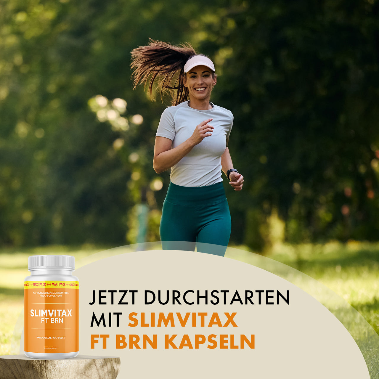 Laufende Frau im Park neben Slimvitax FT BRN Dose mit Schrift Jetzt durchstarten