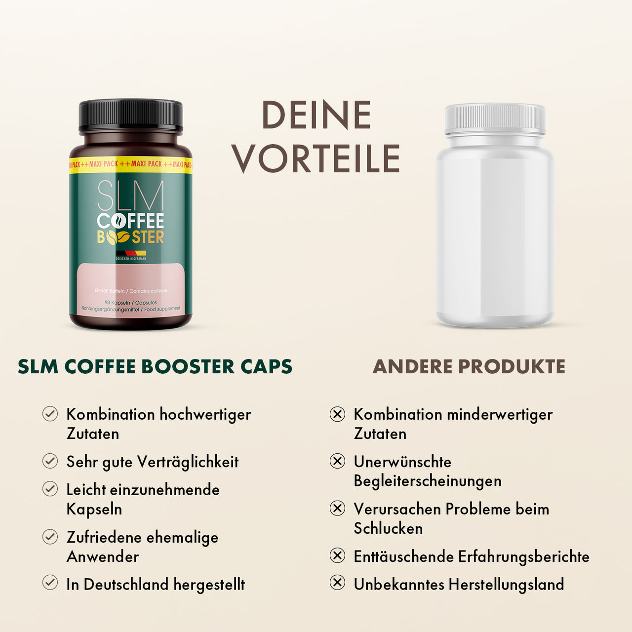 Vergleichsgrafik mit SLM Coffee Booster und anderer Dose sowie Listen zu Vorteilen und Nachteilen