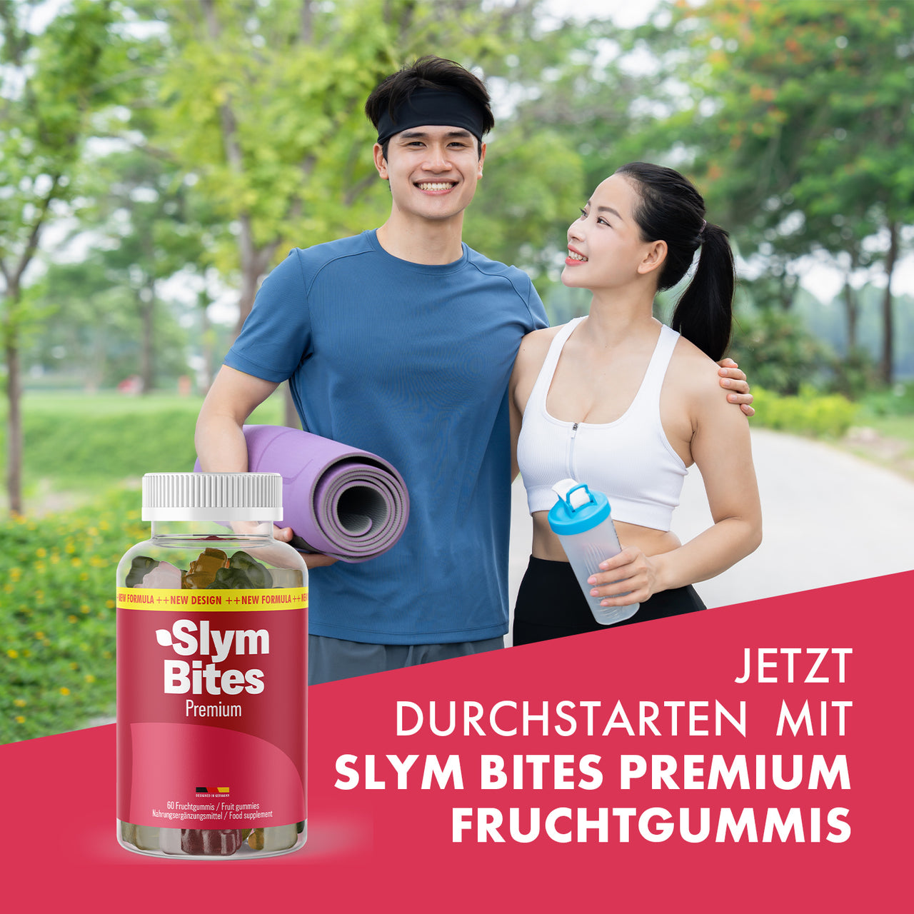 Zwei Personen im Park mit Yogamatte und Trinkflasche neben Dose Slym Bites Premium Fruchtgummis