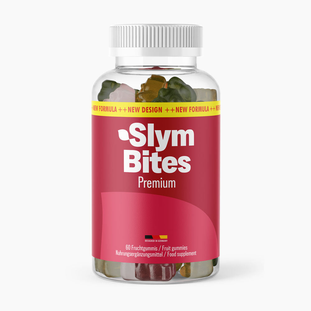 Transparente Dose Slym Bites Premium mit rotem Etikett und 60 Fruchtgummis sichtbar vorn im Bild