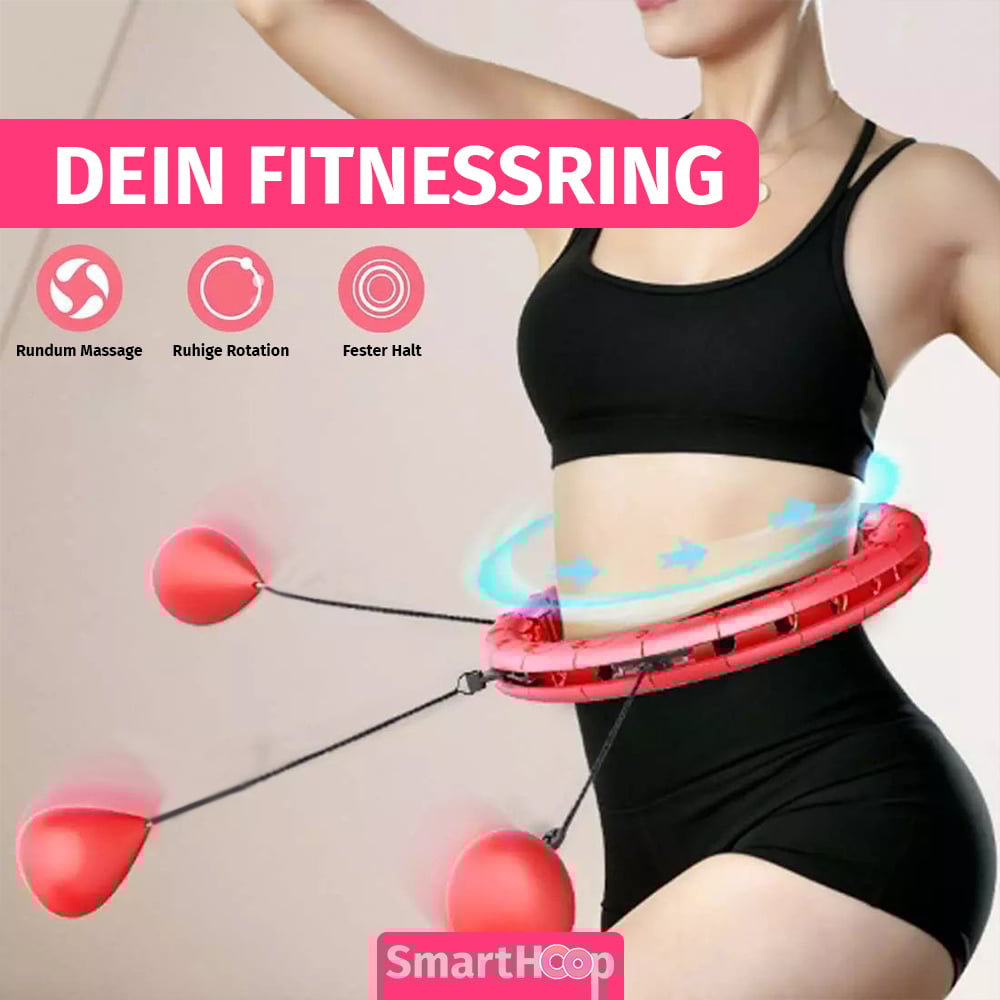 Frau trainiert mit Smart Hoop Fitnessring, zeigt Rotation, Massageeffekt und festen Halt beim Workout