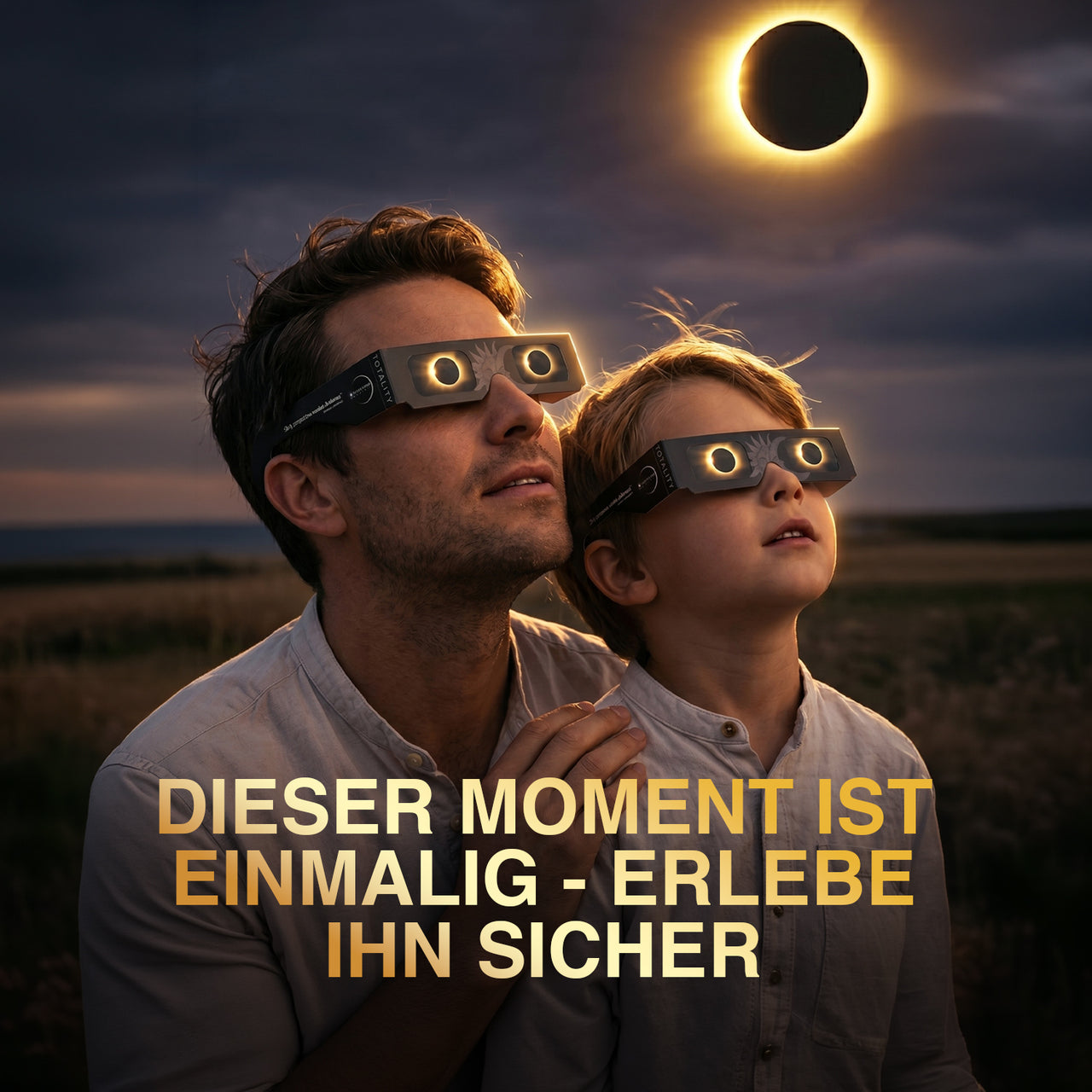 Mann und Kind tragen Schutzbrillen vor Sonnenfinsternis mit Schrift erlebe ihn sicher