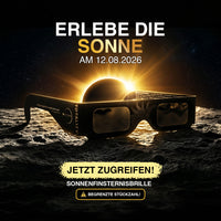 Thumbnail for Schwarze Schutzbrille vor Sonnenfinsternis-Grafik mit Datum 12.08.2026 und Text Jetzt zugreifen