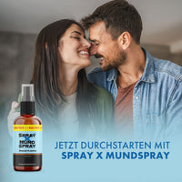 Thumbnail for Paar lächelt sich an, unten links Spray X Mundspray Orange Flavour, Text „Jetzt durchstarten“