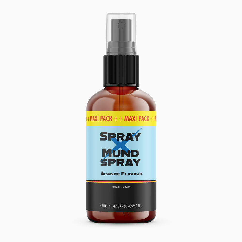 Braune Pumpflasche „Spray X Mund Spray“ Orange Flavour, blaues Etikett, Produktfoto freigestellt