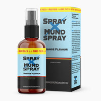 Thumbnail for Spray X Mundspray Orange Flavour: braune Pumpflasche mit blauem Etikett und passender Box im Set