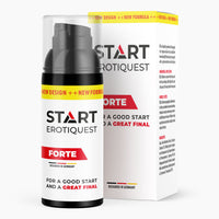 Thumbnail for Schwarze Flasche mit Pumpspender und Schrift Start Erotiquest Forte, 50 ml, vor passender Faltschachtel