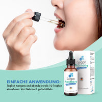 Thumbnail for Sugar Harmony Premium Drops Anwendung mit Pipette am Mund, Flasche, Umkarton und Dosierhinweis