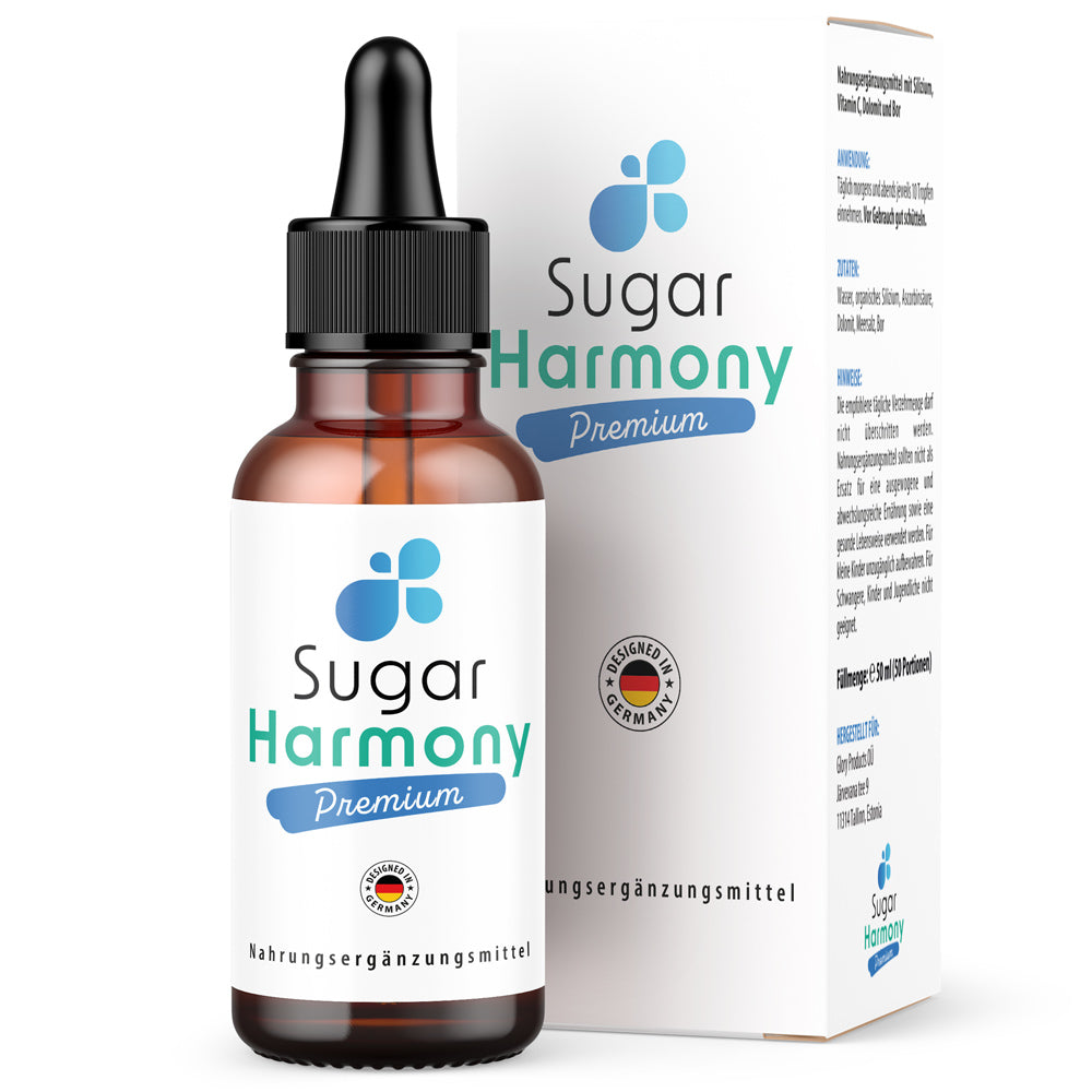 Braune Sugar Harmony Premium Flasche mit Pipette und passendem Umkarton auf weißem Hintergrund