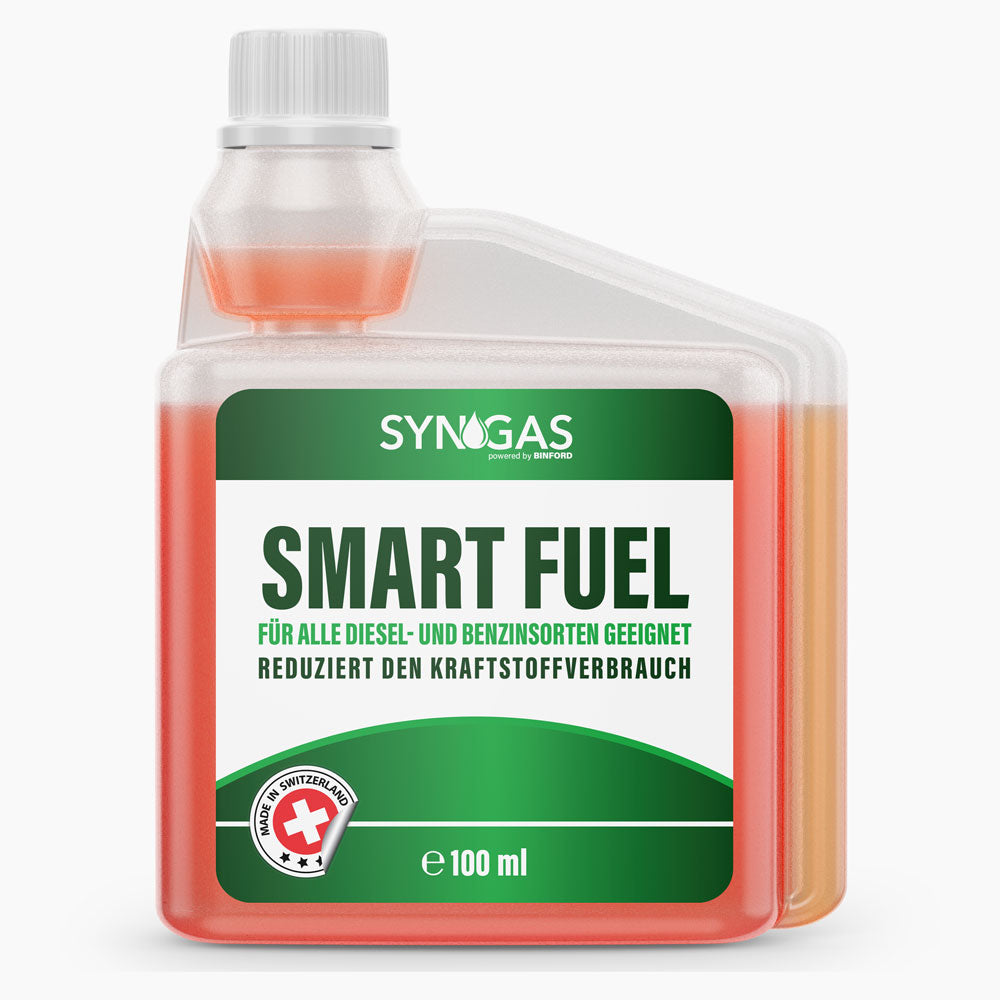 Syngas Smart Fuel Produktabbildung mit Dosierkammer und roter Flüssigkeit vor hellem Hintergrund