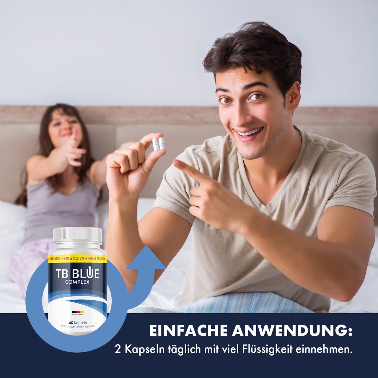 Person hält zwei Kapseln hoch, daneben TB Blue Complex und Einnahmehinweis zur täglichen Dosierung