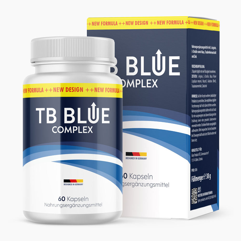 Dose TB Blue Complex mit blau-weißem Etikett, 60 Kapseln und Produktverpackung im Hintergrund