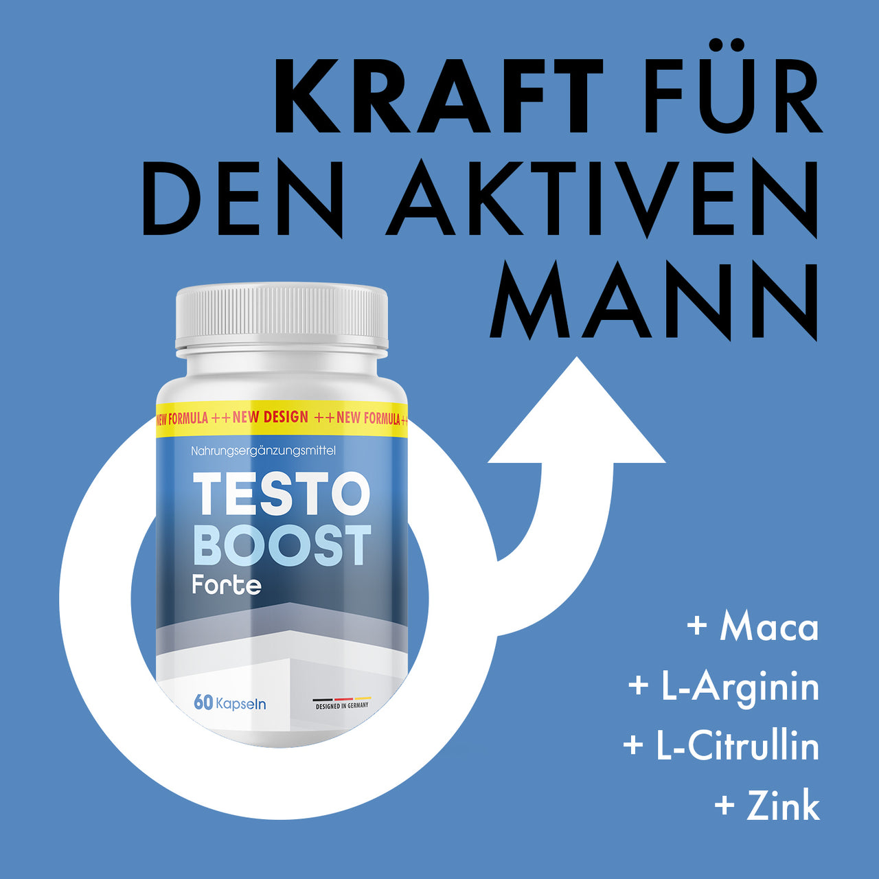 Testo-Boost-Forte-Dose auf blauer Grafik mit Männer-Symbol, Überschrift und Zutatenliste rechts