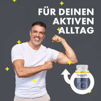 Thumbnail for Testolib Forte neben einem Mann, der seinen Oberarm zeigt; Werbespruch „Für deinen aktiven Alltag“