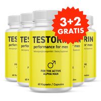 Thumbnail for Fünf gelbe Kunststoffdosen mit Schrift Testorin performance for men 60 Kapseln und rotem Aufkleber 3+2 Gratis