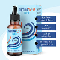 Thumbnail for Thermoflow Forte Drops Flasche vor blauer Packung, rechts vier Hinweise zu Vitamin C und Mineralien