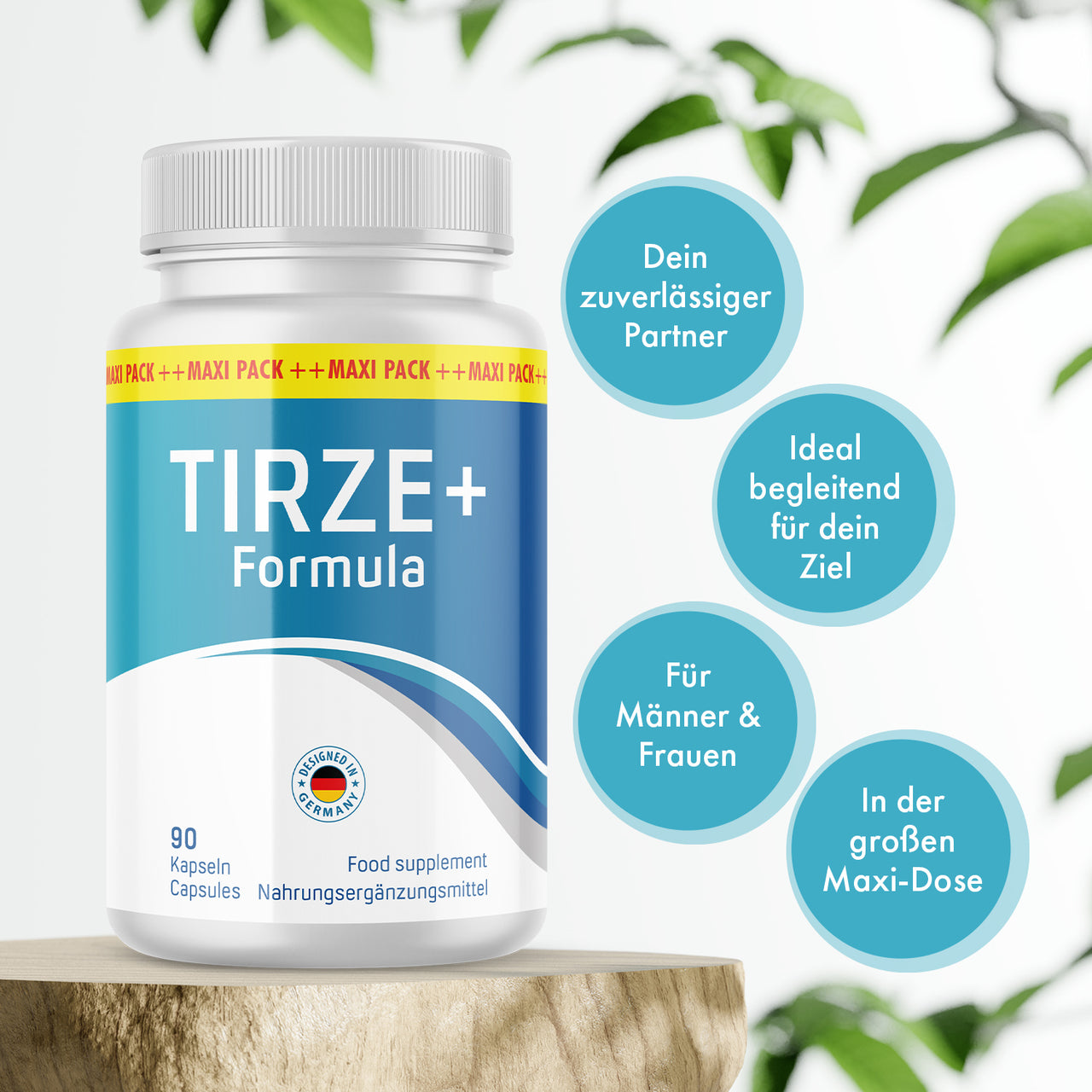 Dose Tirze+ Formula mit 90 Kapseln auf Holzpodest, daneben vier sichtbare Produktmerkmale in Kreisen