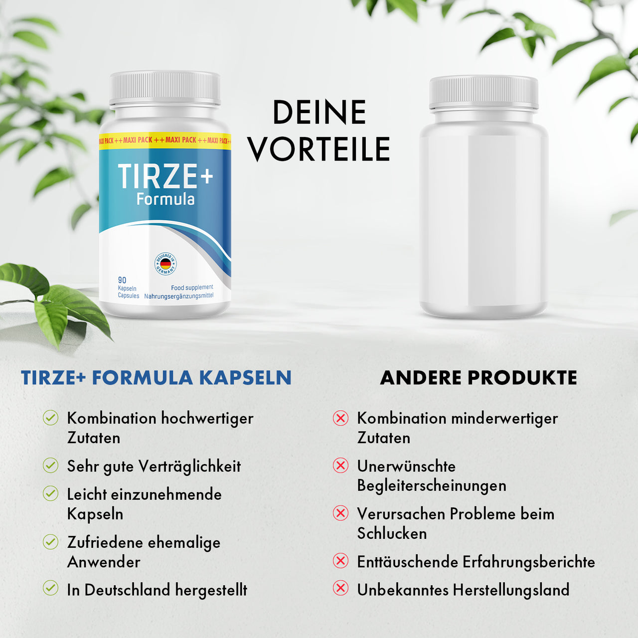 Tirze+ Formula im Vergleich mit anderen Produkten anhand sichtbarer Vorteile, Nachteile und Symbole