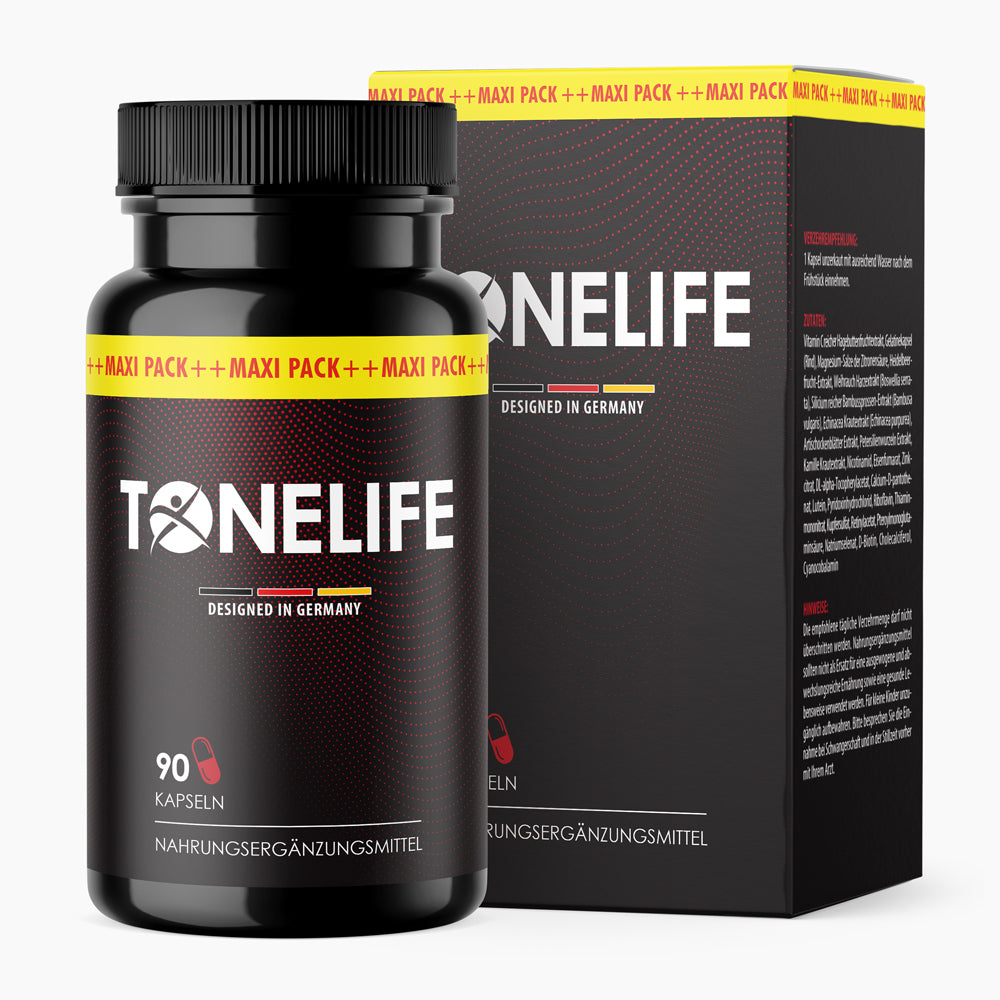 Schwarze Kunststoffdose mit Schrift Tonelife und rotem Etikett 90 Kapseln vor passender Faltschachtel