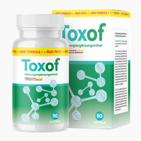 Thumbnail for Dose Toxof mit grünem Etikett und Molekülgrafik, 90 Kapseln, vor passender weiß grüner Faltschachtel