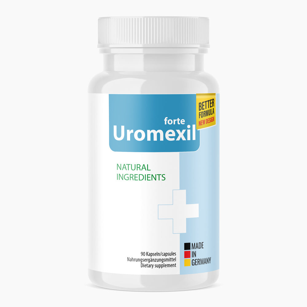 Weiße Kunststoffdose mit blauem Etikett Uromexil forte, 90 Kapseln und grafisch dargestelltem Kreuz