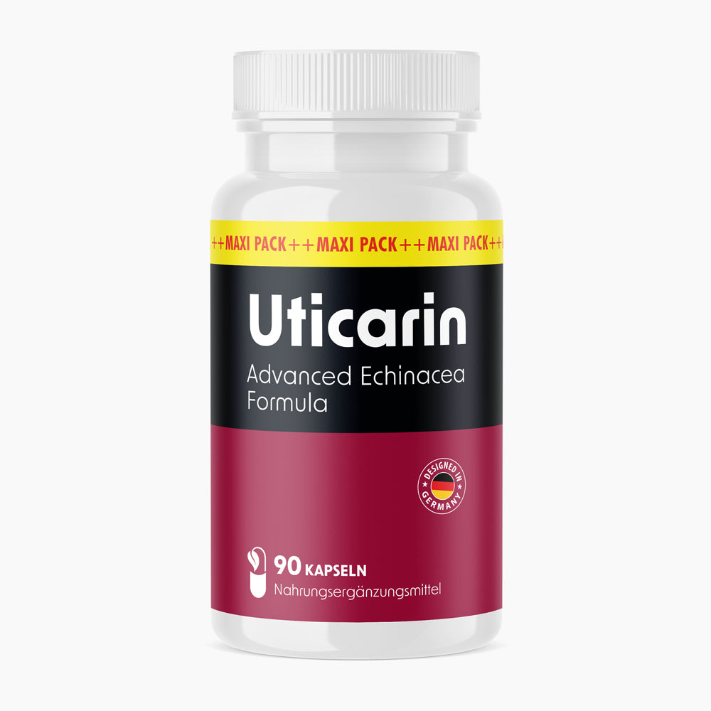 Weiße Kunststoffdose mit rotem Etikett Uticarin Advanced Echinacea Formula und 90 Kapseln