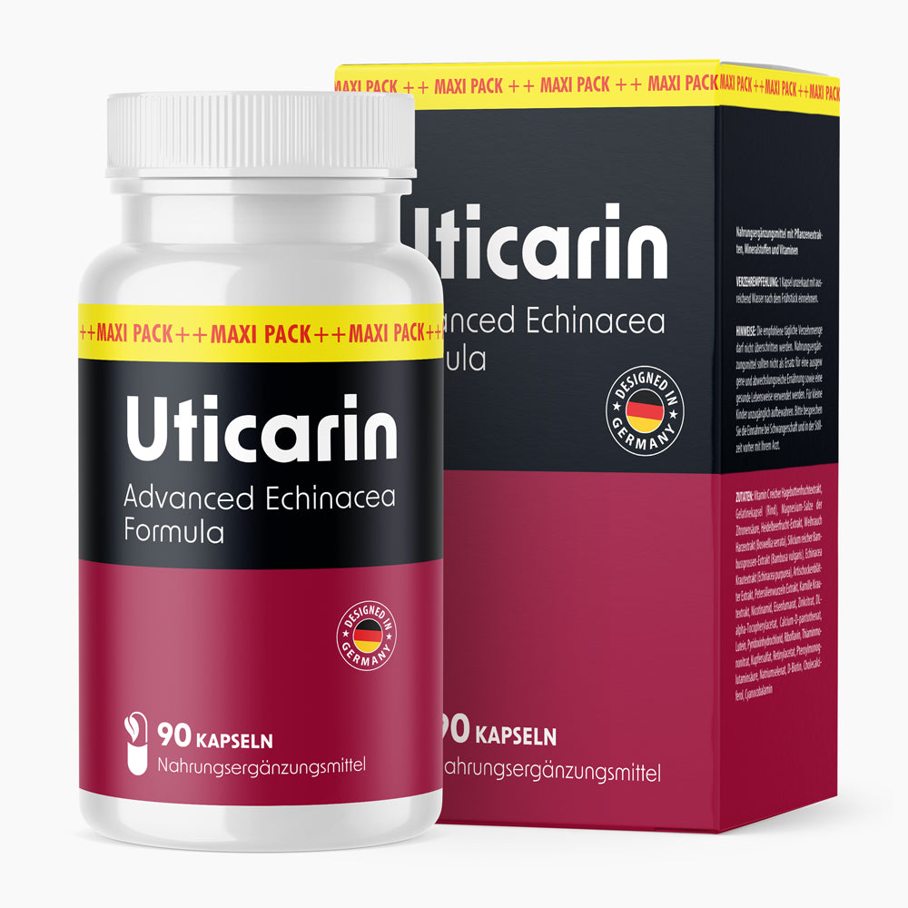 Weiße Dose mit rotem Etikett Uticarin Advanced Echinacea Formula 90 Kapseln vor passender Faltschachtel