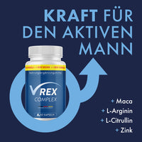 Thumbnail for Dose V-Rex Complex mit Text Kraft für den aktiven Mann und Zutaten Maca, L-Arginin, L-Citrullin, Zink