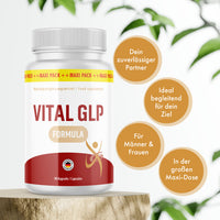 Thumbnail for Vital GLP Formula Dose mit vier Infokreisen zu Ziel, Männern und Frauen sowie großer Maxi-Dose