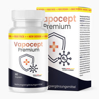 Thumbnail for Vapocept Premium, Dose mit 90 Kapseln vor der zugehörigen Verpackung des Nahrungsergänzungsmittels