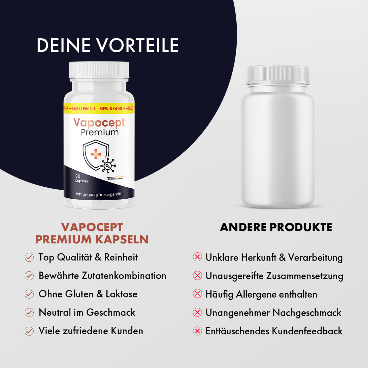 Vapocept Premium mit Vergleichsgrafik zu anderen Produkten und beworbenen Vorteilen wie Qualität und Reinheit