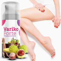 Thumbnail for Dose Variko Forte mit Kastanienabbildung neben sitzender Frau mit ausgestreckten Beinen auf weißem Hintergrund