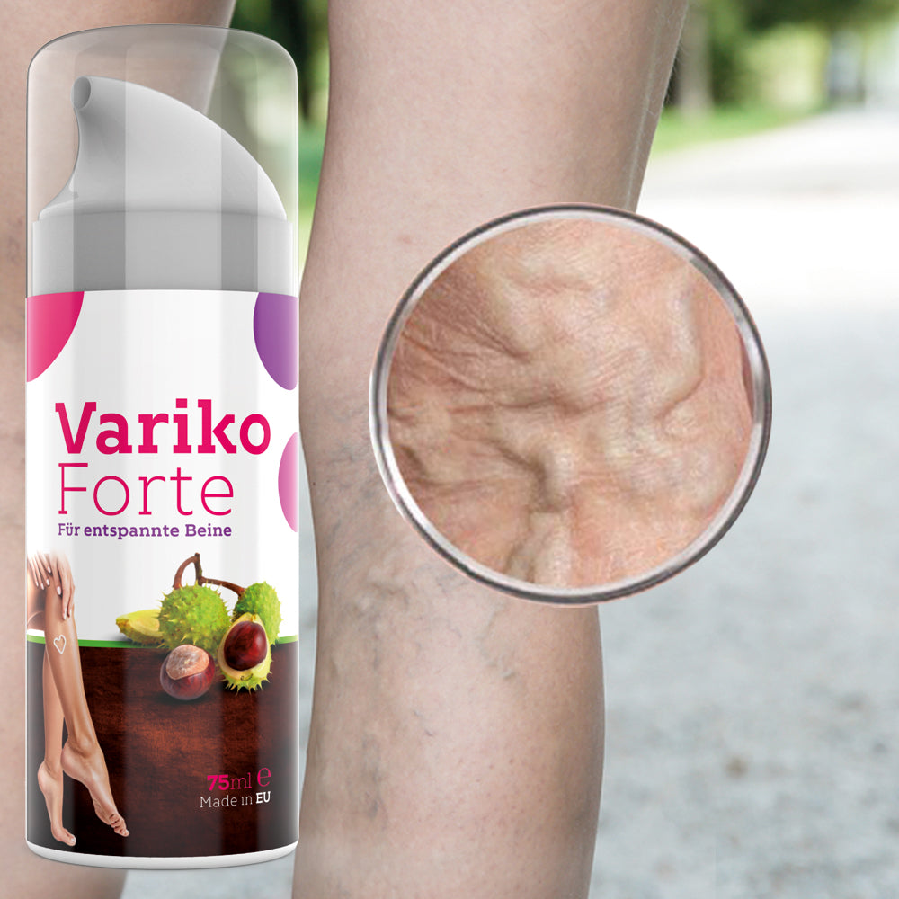 Dose Variko Forte mit Beinabbildung und Kastanienmotiv, daneben Bein mit vergrößerter Hautdarstellung
