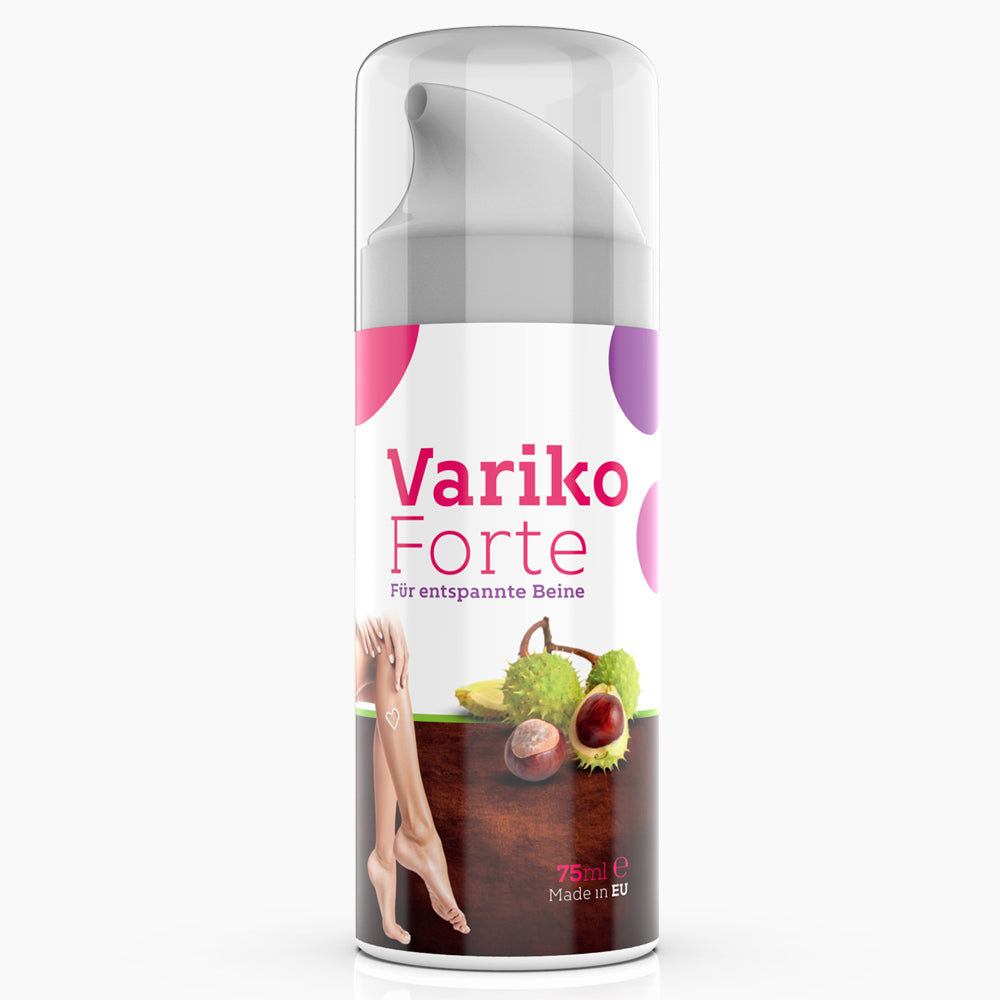 Dose mit Pumpspender und Aufschrift Variko Forte, 75 ml, mit Beinen und Kastanienfrüchten auf Etikett