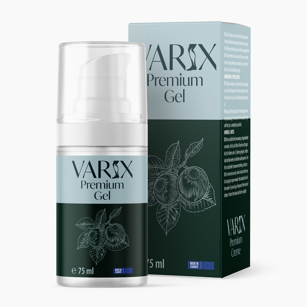 Pumpspender und Verpackung von Varix Premium Gel mit Angabe von 75 ml auf Vorderseite sichtbar