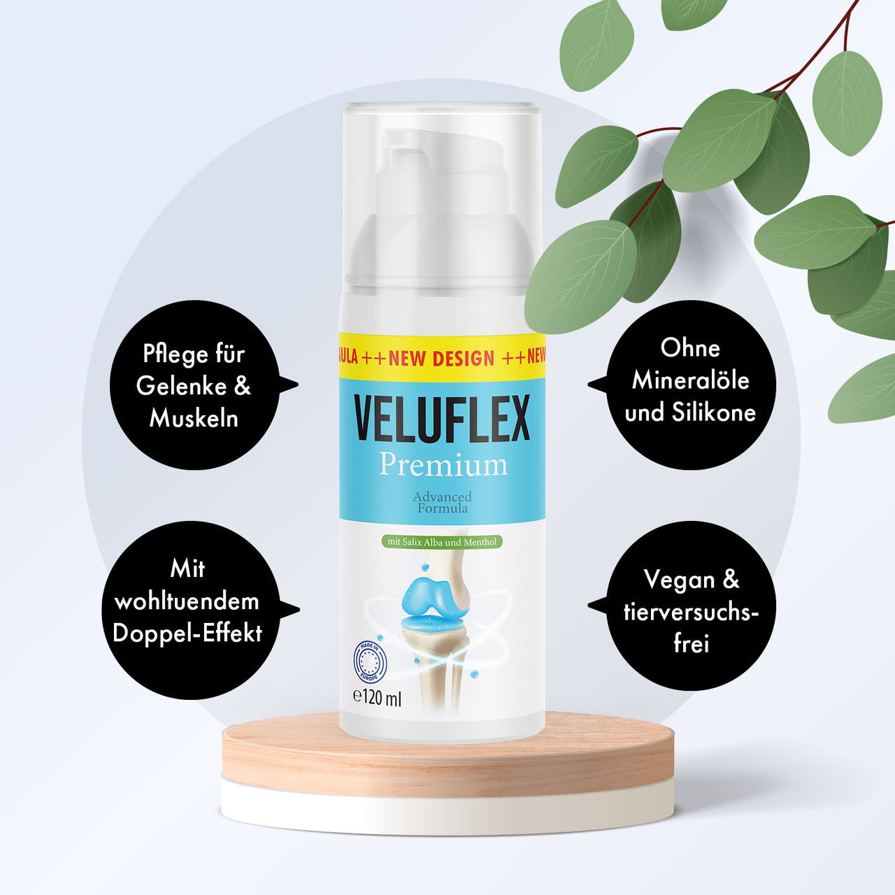 Flasche Veluflex Premium 120 ml auf Podest, Textkreise Pflege für Gelenke & Muskeln, vegan