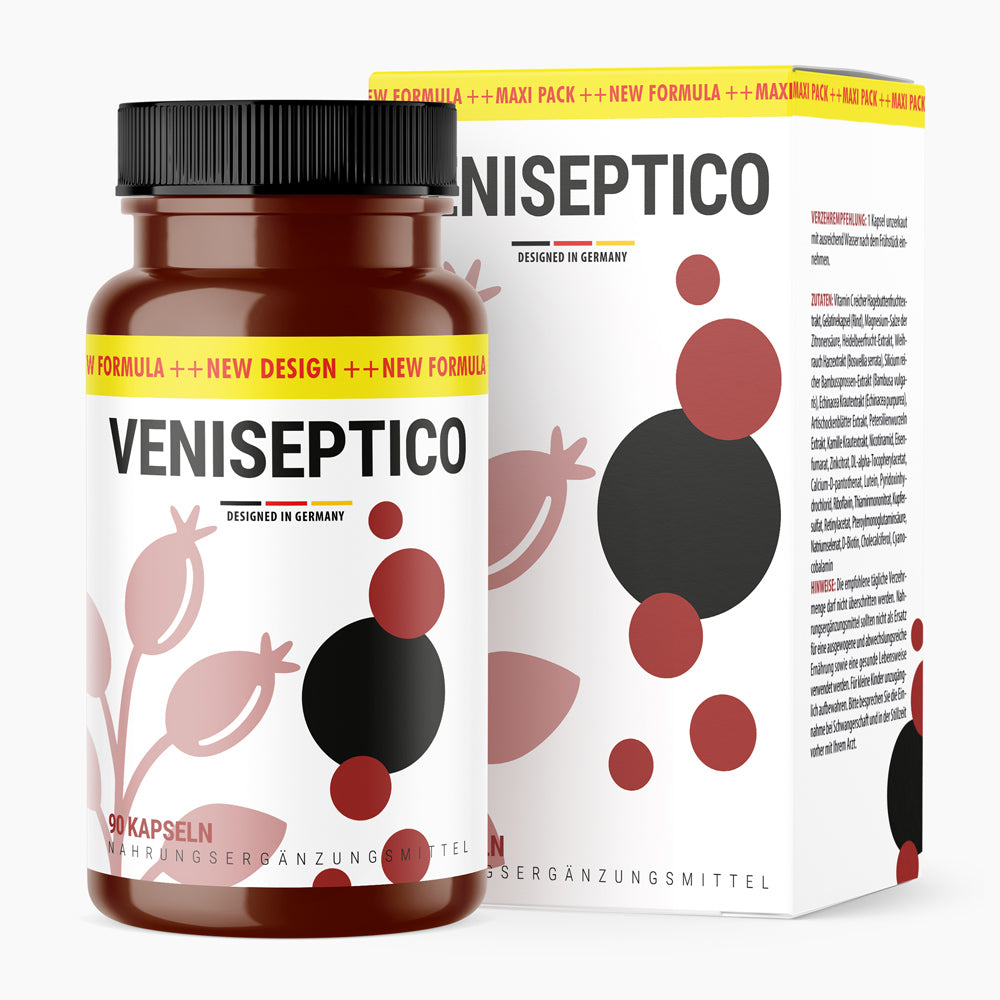 Dose und Karton des Produkts Veniseptico mit Aufschrift 90 Kapseln, designed in Germany