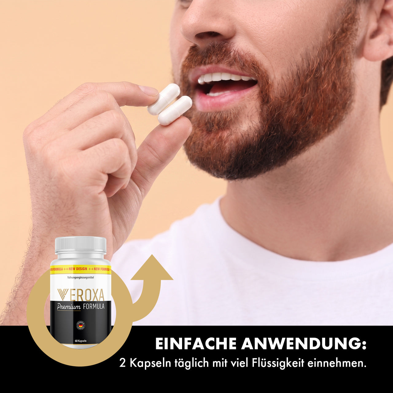 Veroxa Premium Formula neben Mann mit zwei Kapseln und Einnahmehinweis zur täglichen Einnahme