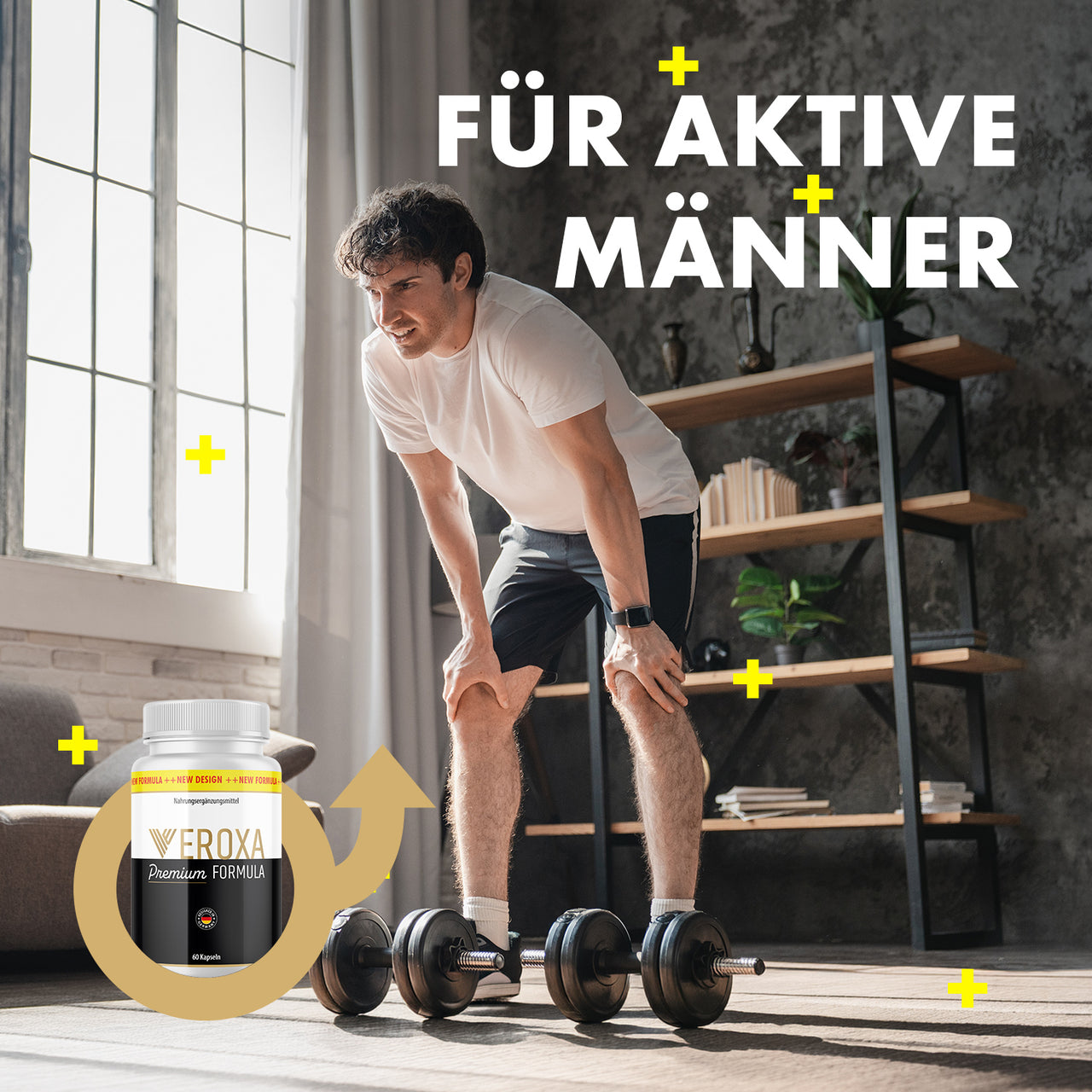 Veroxa Premium Formula neben Mann mit Hanteln und sichtbarem Schriftzug „Für aktive Männer“