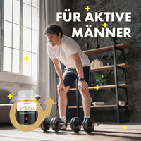 Thumbnail for Veroxa Premium Formula neben Mann mit Hanteln und sichtbarem Schriftzug „Für aktive Männer“