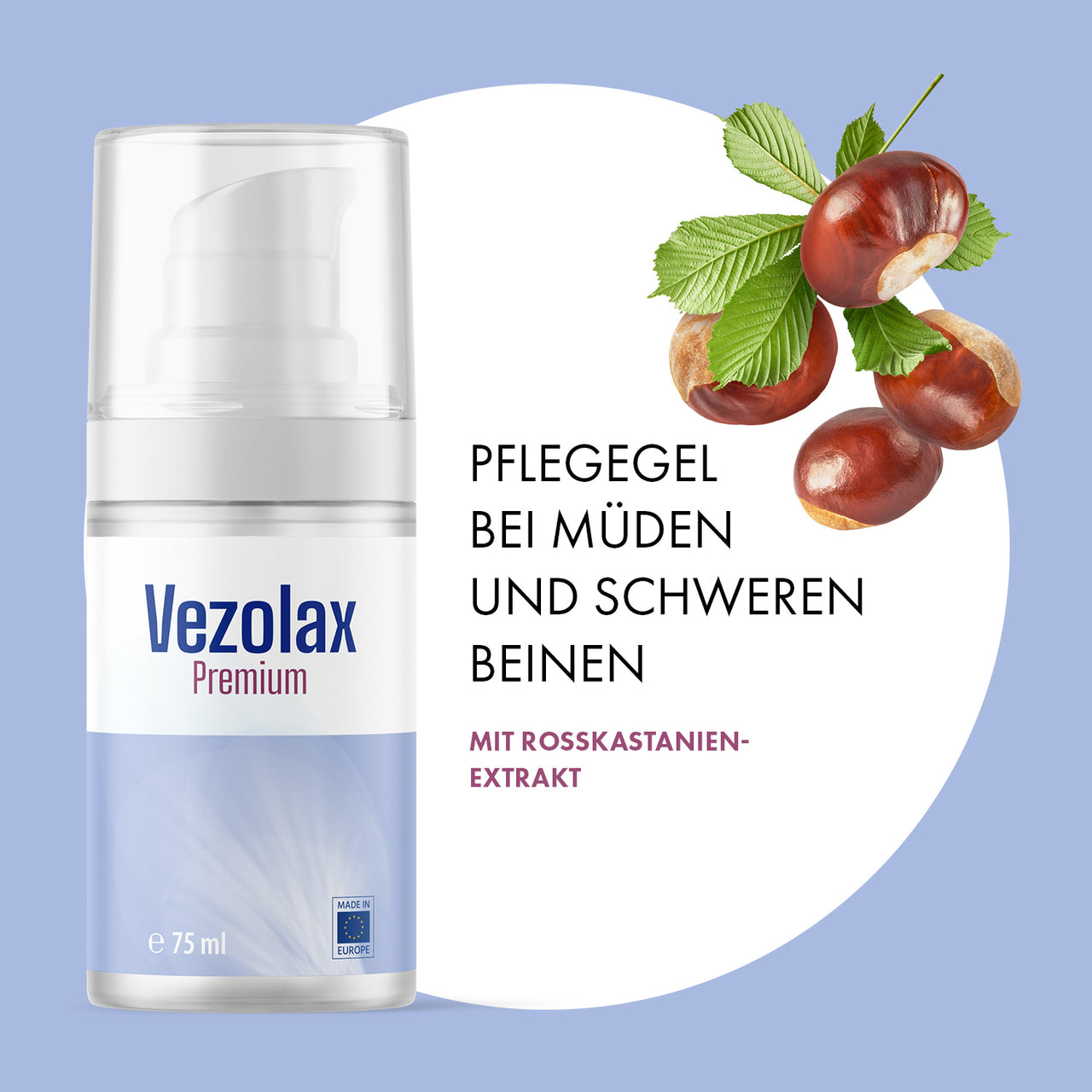 Vezolax Premium Pflegegel 75 ml mit Rosskastanien-Extrakt und abgebildeten Rosskastanien darauf