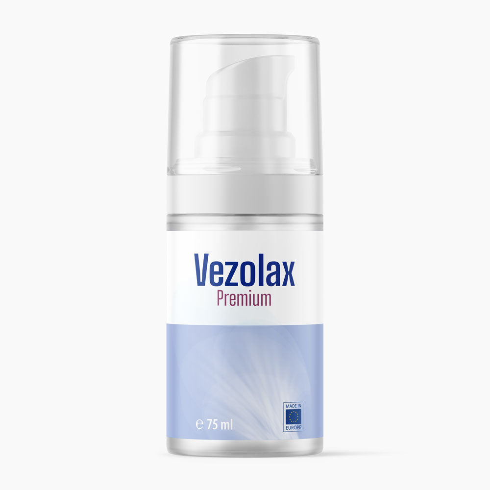 Vezolax Premium Pumpspender mit 75 ml Inhalt und blau-weißem Etikett auf weißem Hintergrund