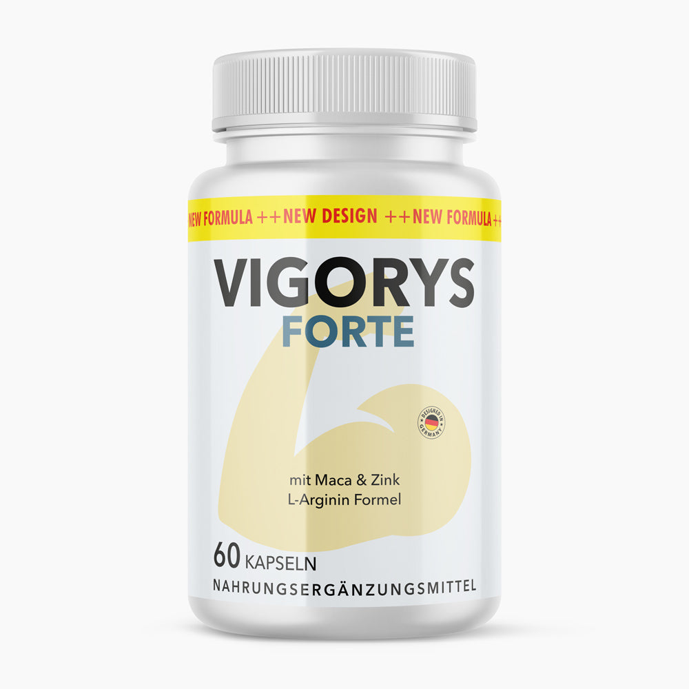 Dose Vigorys Forte Nahrungsergänzungsmittel mit 60 Kapseln und Hinweis New Formula New Design